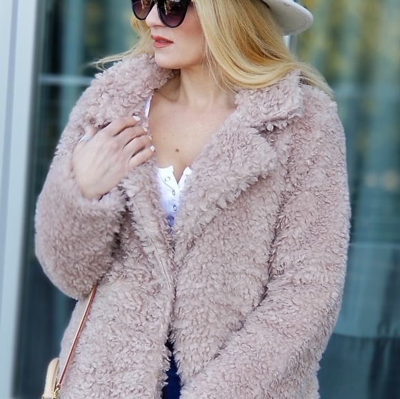 Faux Fur Teddy Jacket Coat - Dusty Pink - Picture 4 of 5